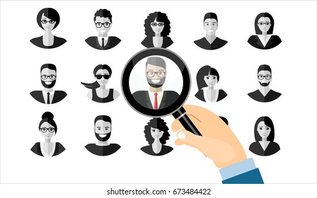 Human resources management select employee. Recruitment, concept of human resources management. CV application. Selecting staff. vector illustration in flat design