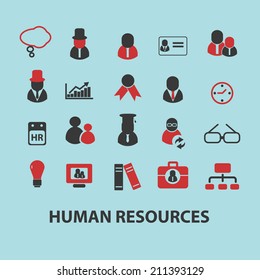 recursos humanos, gestión, trabajo en equipo iconos negros aislados, signos, siluetas, conjunto de ilustraciones, vector