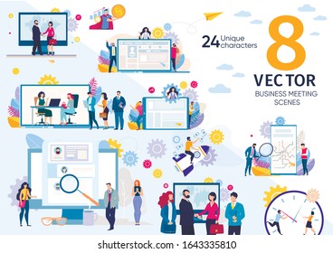 Human Resources Manager, Business Partners, Companies Leaders Daily Life Scenes, Work Situations, Hiring Employees, Job Interview, Successful Partnership Concepts Trendy Flat Vector Illustrations Set