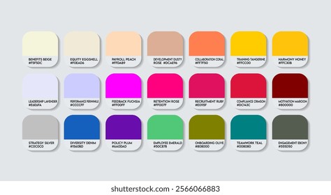 Human Resources Manager Color Guide Palette with Color Names. Catalog Sample HRM with RGB HEX codes and Names. Human Resources Managers Color Palette, Fashion Trend Human Resources Color Palette