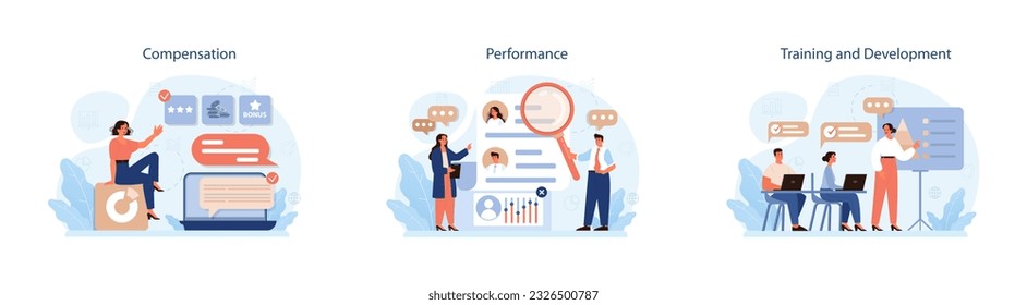 Conjunto de competencias de los administradores de recursos humanos. Contratación y gestión del personal. Gerente de Recursos Humanos buscando un candidato para un empleo, manteniendo el bienestar y el desempeño de los empleados. Ilustración vectorial plana