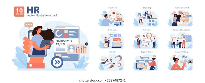 Human resources manager competencies set. Recruitment and personnel management. HR manager looking for a job candidate, maintaining employee wellbeing and performance. Flat vector illustration