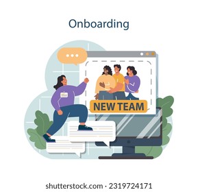 Human resources manager competency. Personnel management specialist. HR manager onboarding a new employee, maintaining warm welcome. Flat vector illustration