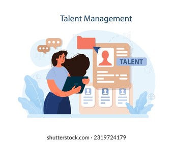 Competencia del director de recursos humanos. Especialista en gestión de personal. Gerente de Recursos Humanos que mantiene el bienestar y el desempeño de los empleados. Regulación del trabajo en equipo. Ilustración vectorial plana