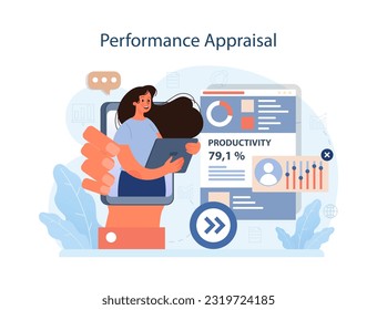 Human resources manager competency. Personnel management specialist. HR manager appraise employees performance and productivity. Flat vector illustration