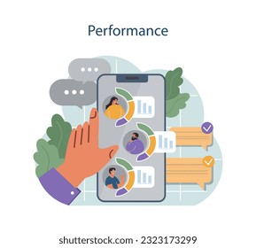 Human resources manager competency. Personnel management specialist. HR manager maintaining assessing employee performance and productivity. Flat vector illustration