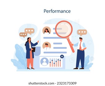 Human resources manager competency. Personnel management specialist. HR manager maintaining assessing employee performance and productivity. Flat vector illustration