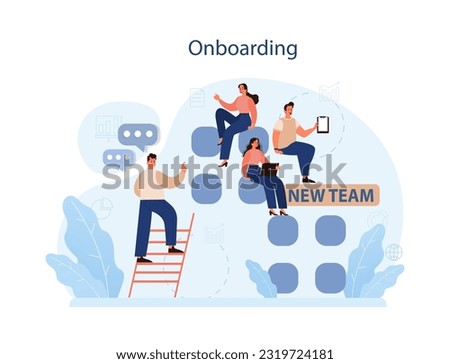 Human resources manager competency. Personnel management specialist. HR manager onboarding a new employee, maintaining warm welcome. Flat vector illustration Stock foto © 