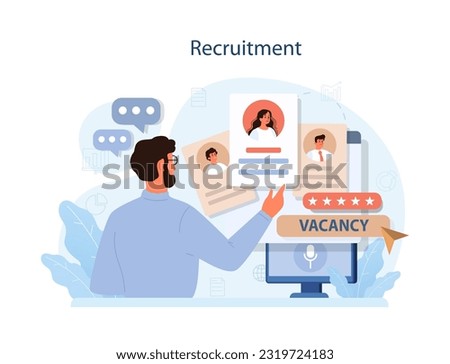 Human resources manager competency. Personnel management specialist. HR manager looking for a job candidate, recruiting and interviewing a potential employee. Flat vector illustration