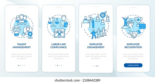 Human resources manager duties blue onboarding mobile app screen. Walkthrough 4 steps graphic instructions pages with linear concepts. UI, UX, GUI template. Myriad Pro-Bold, Regular fonts used