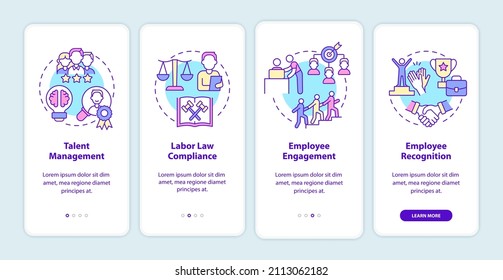 Human resources manager duties onboarding mobile app screen. Walkthrough 4 steps graphic instructions pages with linear concepts. UI, UX, GUI template. Myriad Pro-Bold, Regular fonts used