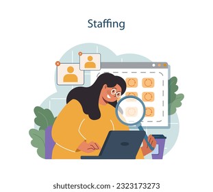 Human resources manager. HR agent competencies and professional tasks. Personnel manager searching for a candidate. Job creation, recruitment and employee adaptation. Flat vector illustration