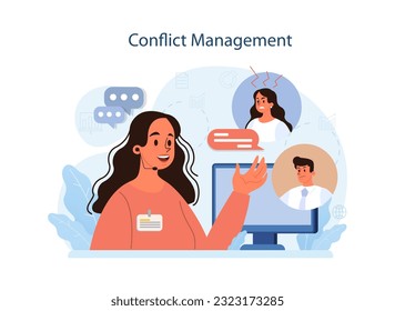 Human resources manager. HR agent competencies and professional tasks. Personnel management specialist resolve employees conflicts. Flat vector illustration