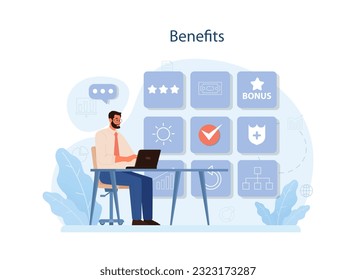 Human resources manager. HR agent competencies and professional tasks. Personnel management specialist providing an employee with financial reward or benefits. Flat vector illustration