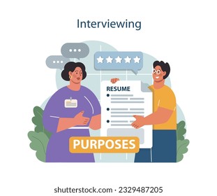 Human resources manager. HR agent competencies and professional tasks. Recruitment or hiring procedure. Personnel management specialist interviewing vacancy applicant. Flat vector illustration