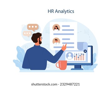 Human resources manager. HR agent competencies and professional tasks. Personnel management specialist assessing worker performance, job candidate or teamwork analysing. Flat vector illustration