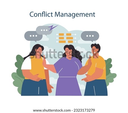 Human resources manager. HR agent competencies and professional tasks. Personnel management specialist resolve employees conflicts. Flat vector illustration