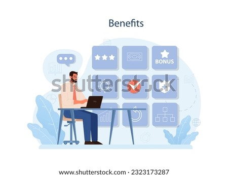Human resources manager. HR agent competencies and professional tasks. Personnel management specialist providing an employee with financial reward or benefits. Flat vector illustration