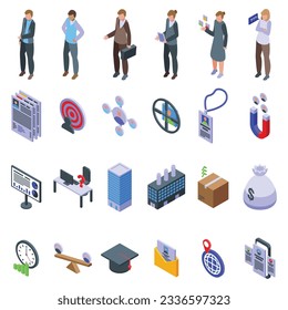 Los iconos del gestor de recursos humanos establecen un vector isométrico. Oficina social. Solución de datos