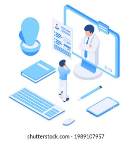 Human resources manager interviewing a potential job candidate. Concept of remote job search, online interview. Vector illustration in isometric style. Isolated on white background.