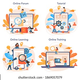 Human resources manager online service or platform set. Idea of recruitment and job management. Teamwork management. Online forum, tutorial, learning, training. Flat vector illustration