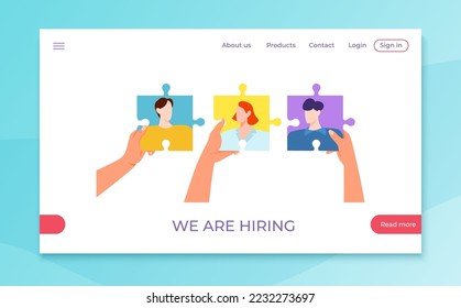 Plantilla de aterrizaje de sitios web del gestor de recursos humanos ilustración plana vectorial, estamos contratando especialistas empresa comercial.