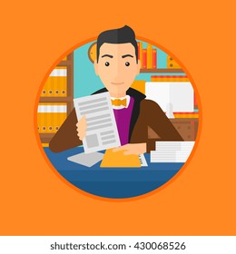A human resources manager reading application portfolios in the office. Vector flat design illustration in the circle isolated on background.
