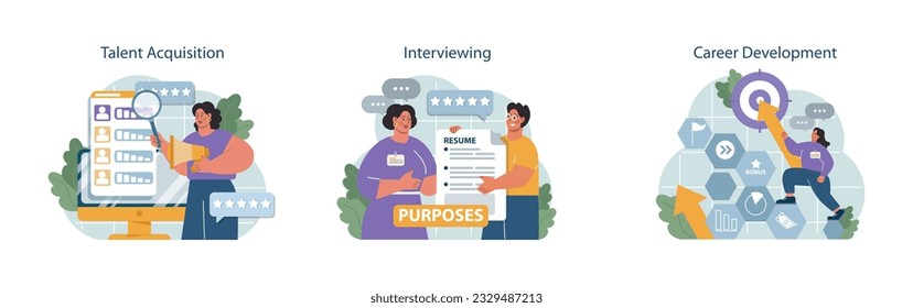 Human resources manager set. HR agent competencies and professional tasks. Personnel management specialist hiring, interviewing and maintaining employees wellbeing. Flat vector illustration