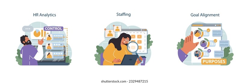 Human resources manager set. HR agent competencies and professional tasks. Personnel management specialist hiring, interviewing and maintaining employees wellbeing. Flat vector illustration