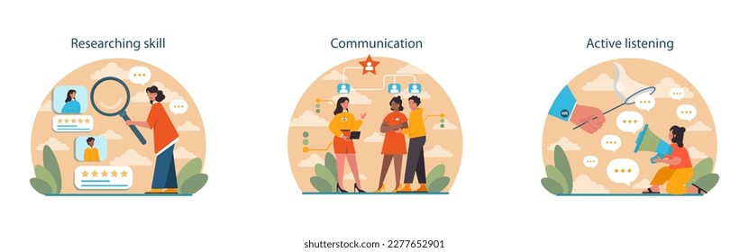Human resources manager soft skills set. HR agent competencies and professional ethic. Job recruitment, coaching and personnel efficiency improvement. Flat vector illustration