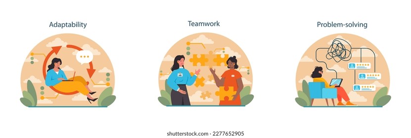 Conjunto de habilidades técnicas para el gerente de recursos humanos. Competencias del agente de recursos humanos y ética profesional. Contratación de empleo, asesoramiento y mejora de la eficiencia del personal. Ilustración vectorial plana
