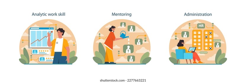 Human resources manager soft skills set. HR agent competencies and professional ethic. Job recruitment, coaching and personnel efficiency improvement. Flat vector illustration