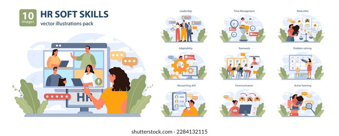 Human resources manager soft skills set. HR agent competencies and professional ethic. Job recruitment, coaching and personnel efficiency improvement. Flat vector illustration