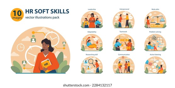 Human resources manager soft skills set. HR agent competencies and professional ethic. Job recruitment, coaching and personnel efficiency improvement. Flat vector illustration