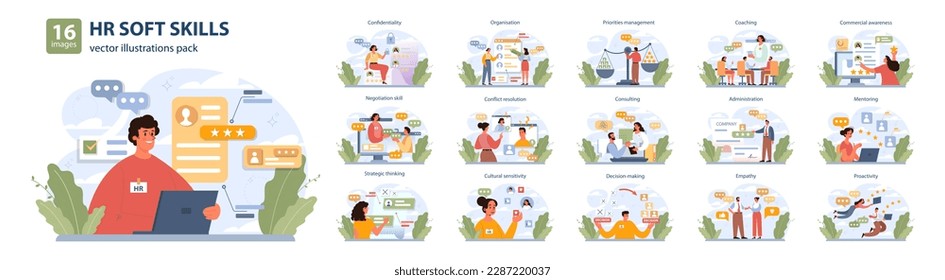 Human resources manager soft skills set. HR agent competencies and professional ethic. Job recruitment, coaching and personnel efficiency improvement. Flat vector illustration