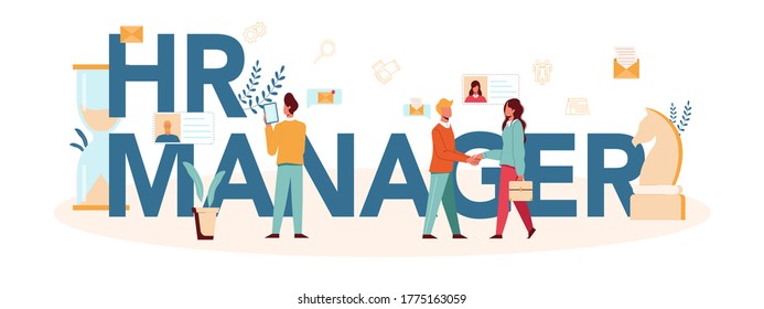 Human resources manager typographic header concept. Idea of recruitment and job management. Teamwork management. HR manager occupation. Flat vector illustration