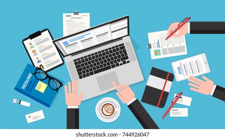 Human resources meeting, top view of a desk with a computer, notepad, coffee cup, smartphone, pens and pencils. Vector illustration in flat style, template for business