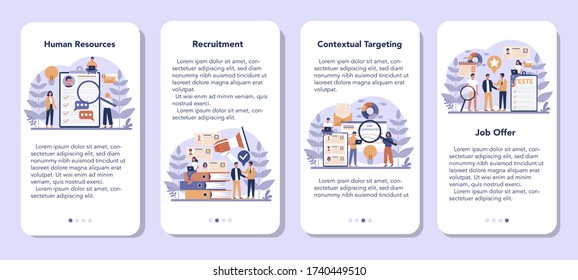 Human resources mobile application banner set. Idea of recruitment and job management. Teamwork management. HR manager occupation. Flat vector illustration