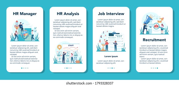 Human resources mobile application banner set. Idea of recruitment and job management. Teamwork management. HR manager occupation. Flat vector illustration