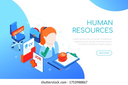 Human resources - modern colorful isometric web banner with copy space for text. Employment idea. Resume in a folder, female candidate, open vacancy and income, partnership agreement illustration