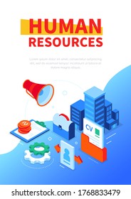 Human resources - modern colorful isometric web banner with copy space for text. Recruitment idea. Resume in a folder, office building, megaphone, portfolio, income, employment agreement illustration