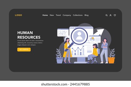 Human resources night or dark mode web or landing page. Executives focusing on talent management, employee development, and motivational strategies. Fostering a productive workplace culture.