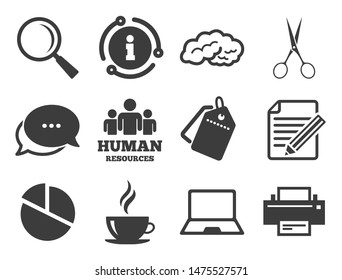 Human resources, notebook and printer signs. Discount offer tag, chat, info icon. Office, documents and business icons. Scissors, magnifier and coffee symbols. Classic style signs set. Vector