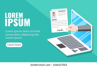Human resources, online job application, job interview vector concept. Hand holding CV paper. HR management concept, searching professional staff, analyzing resume papers, work. vector