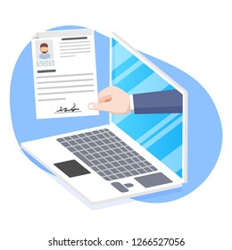 Human resources, online job application, job interview vector concept. Hand holding CV paper. HR management concept, searching professional staff, analyzing resume papers, work. vector