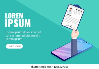Human resources, online job application, job interview vector concept. Hand holding CV paper. HR management concept, searching professional staff, analyzing resume papers, work. vector