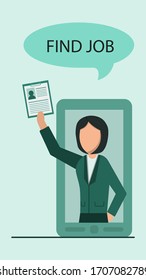 Human resources, online job application, job interview concept. Woman holding CV paper. Stock flat vector illustration.