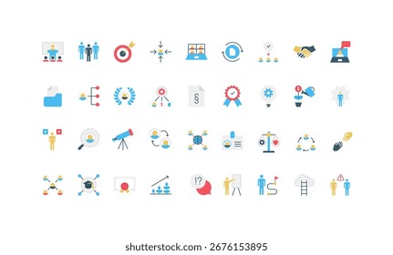 Human resources, online job interview and partnership, leadership and company team, career color icon set. Business training for professional skill and ideas, salary growth flat vector illustration