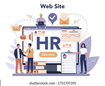 Human resources online service or platform. Idea of recruitment and job management. HR manager occupation. Website. Flat vector illustration