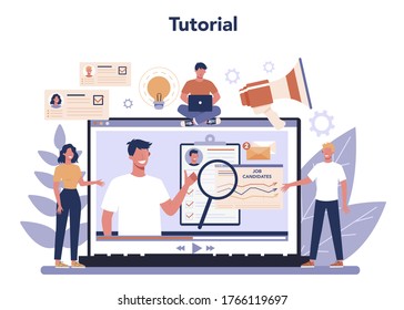 Human resources online service or platform. Idea of recruitment and job management. HR manager occupation. Tutorial. Flat vector illustration